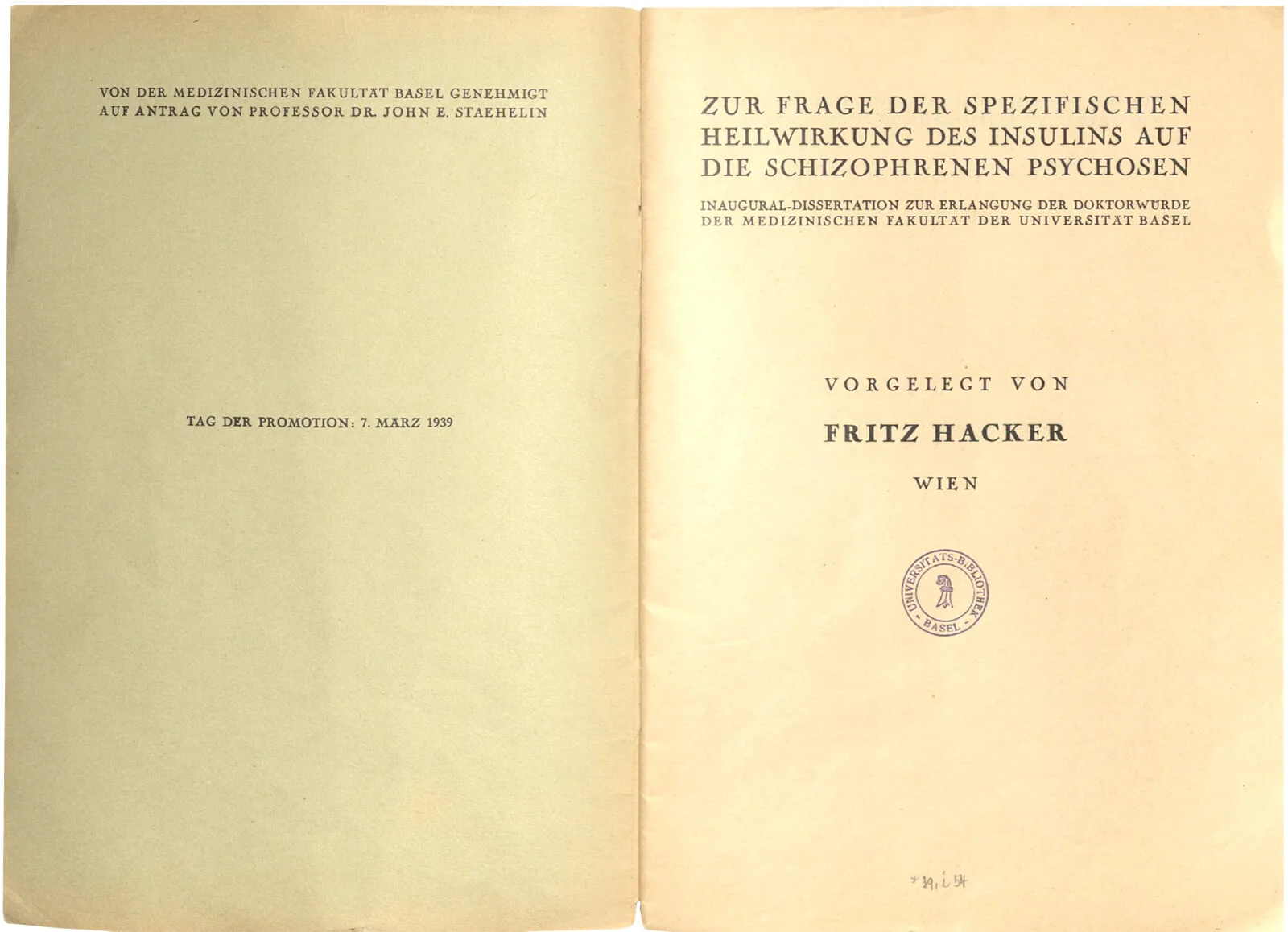 Titelblatt von Friedrich Hackers Dissertation, Schweizerische Nationalbibliothek  