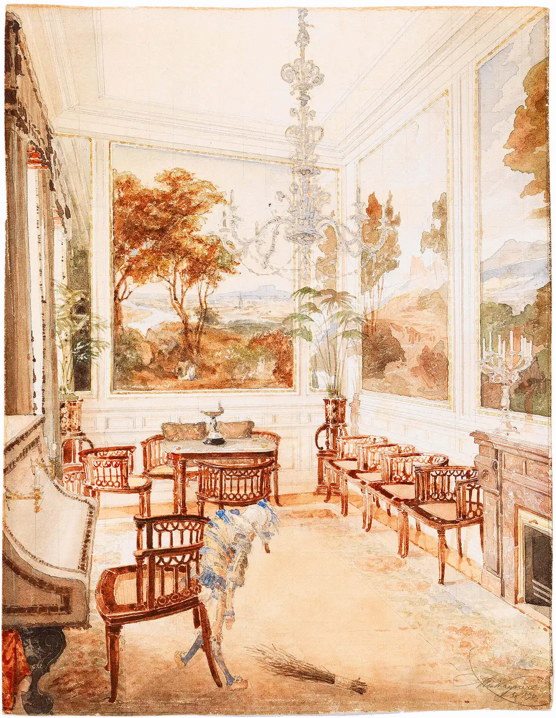 Otto Wagner: Salon der Villa Wagner in Hütteldorf, 1890, Bleistift, Aquarell, 27,4 x 21 cm, Wien Museum