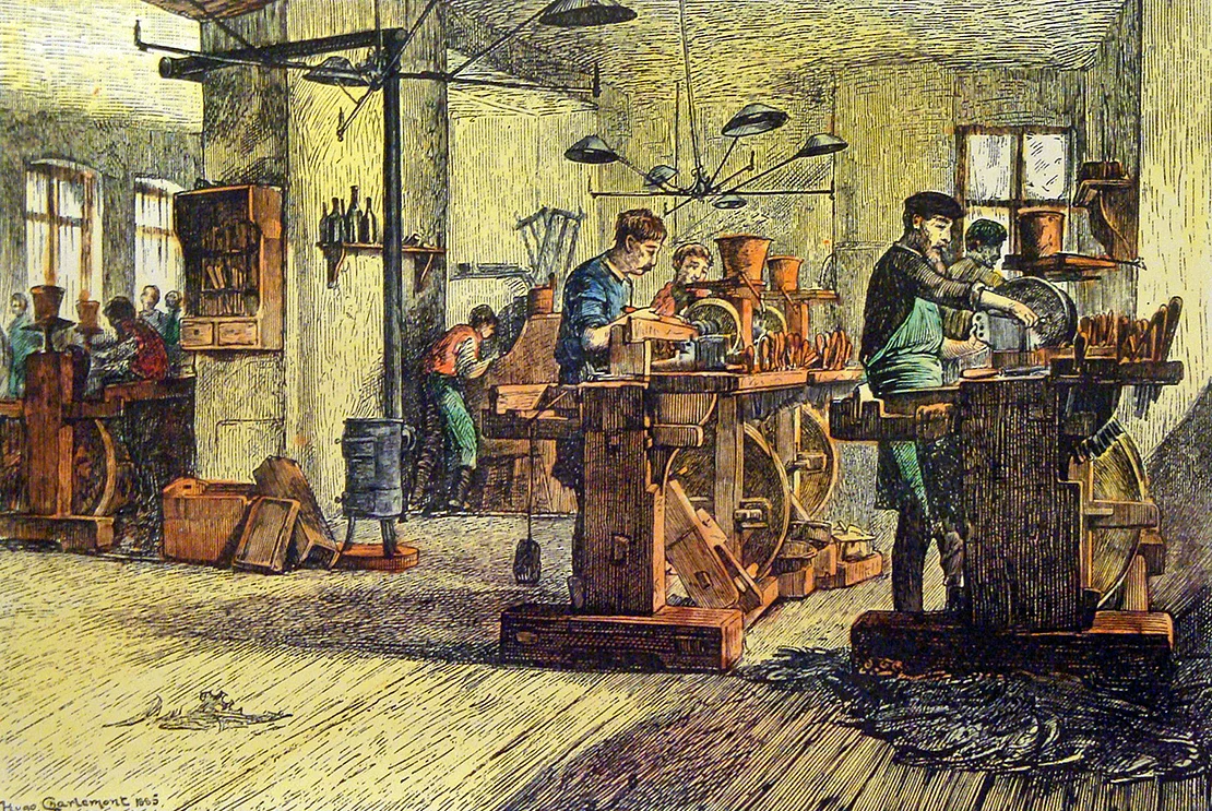 „Im Inneren einer Werkstätte für Perlmutterknöpfe-Erzeugung in einem Wiener Vororte“, Druckgrafik, Bezirksmuseum Ottakring