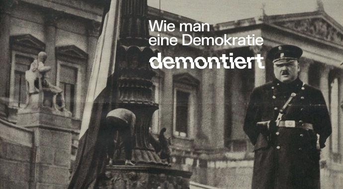 Titelblatt des „Kuckuck“ vom 26. März 1933 (Ausschnitt): Ein Polizist steht vor dem abgeriegelten Parlamentsgebäude Wache. ANNO/ÖNB