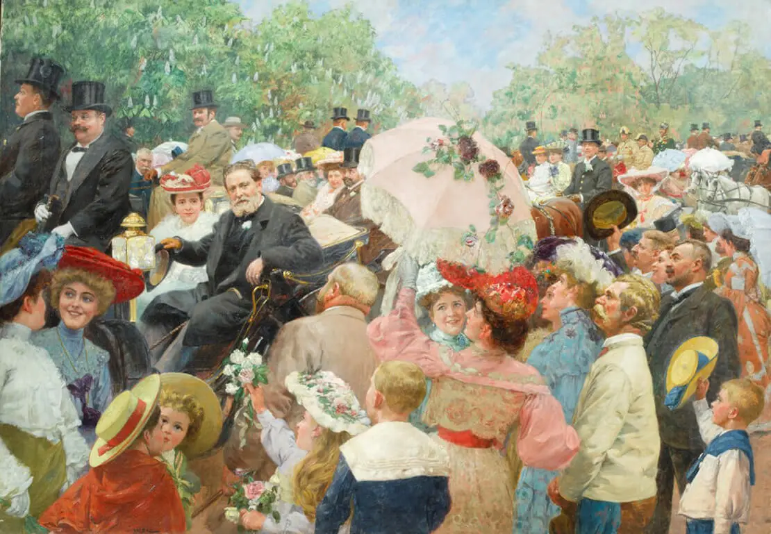 Wilhelm Gause, Praterfahrt mit Bürgermeister Karl Lueger, 1904, Öl auf Leinwand, Wien Museum  