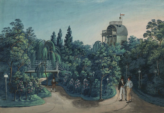 Rosenbaum’scher Garten auf der Wieden. Die Brücke und der neogotische Aussichtsturm, 1820, Aquarell über Feder von Benjamin Zalabsky, Wien Museum
