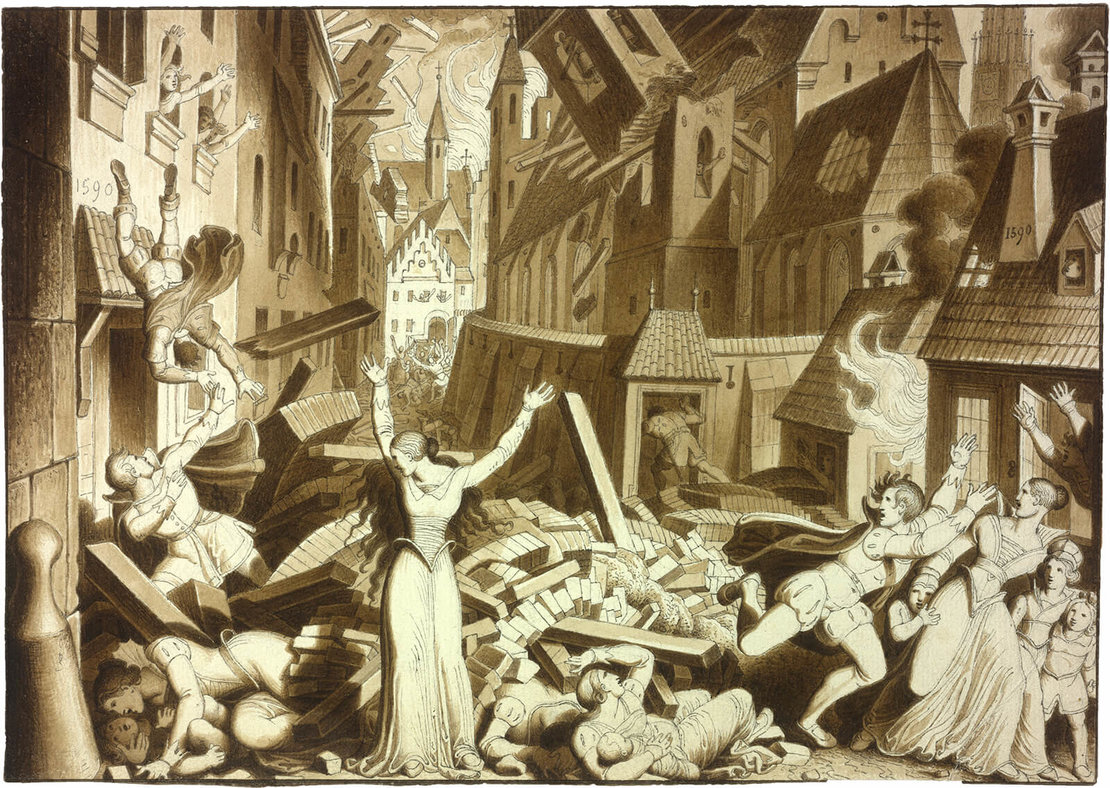 „Das furchtbare Erdbeben in Wien im Jahre 1590". Die Zeichnung von Karl Ruß stammt aus dem Zyklus Bilder zur Geschichte von Wien", der zwischen 1826 und 1832 erschienen ist." ÖNB Bildarchiv / picturedesk.com 