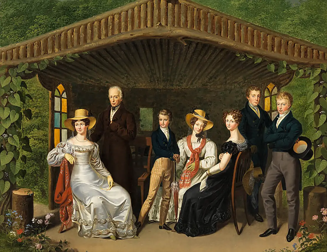 Kaiser Franz (hier links), einige Adelige und viele Bürgerliche trieben die Blumenliebhaberei voran. Leopold Fertbauer: Die kaiserliche Familie um den Herzog von Reichstadt in einer Gartenlaube, Öl auf Leinwand, 1826, Wien Museum