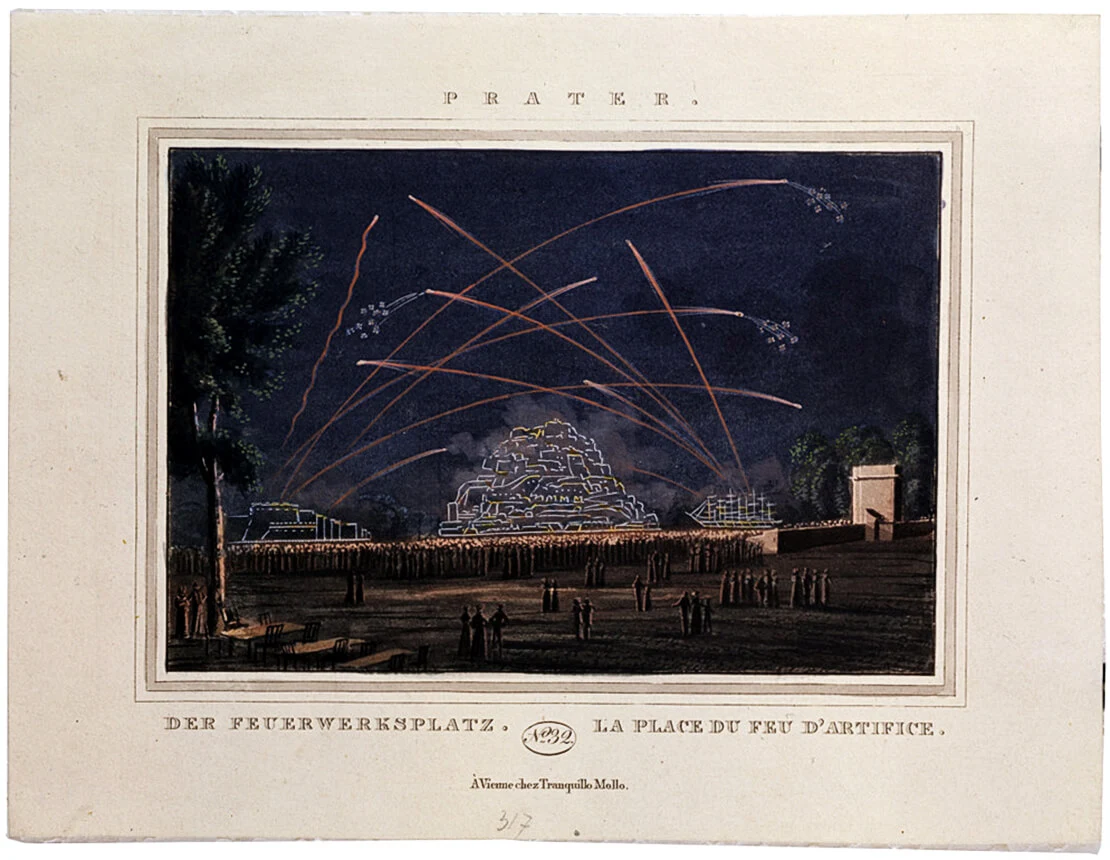 Szenisches Feuerwerk, kolorierter Kupferstich, um 1820, Wien Museum  