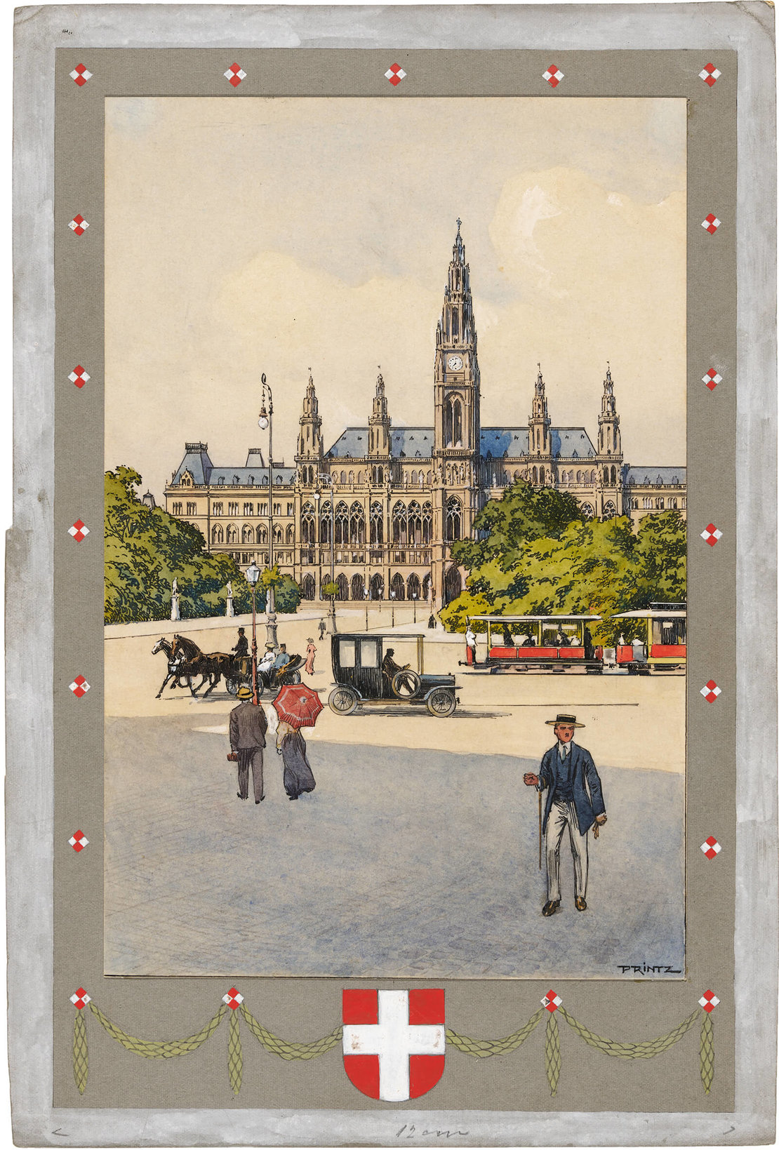 „Stadt und Land“, Gouache-Federzeichnung von Hans Printz, 1911. „Fibel nach der analytisch-synthetischen Lesemethode“. Alois Fellner und Albert Kundi. Mit Bildern von Hans Printz. Verlag A. Pichlers Witwe & Sohn; Wien 1911. 