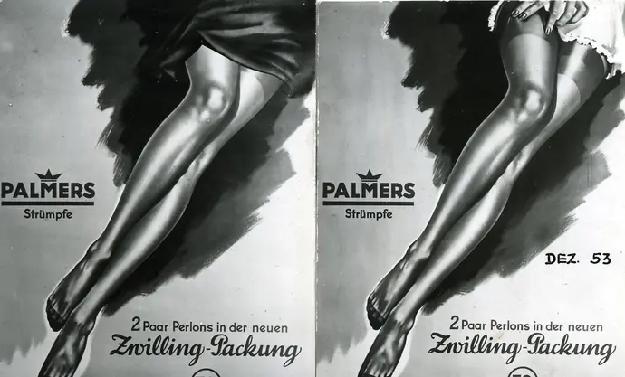 Zensurkonformes und zensuriertes Plakat für Palmers-Strümpfe, 1953, Palmers-Archiv