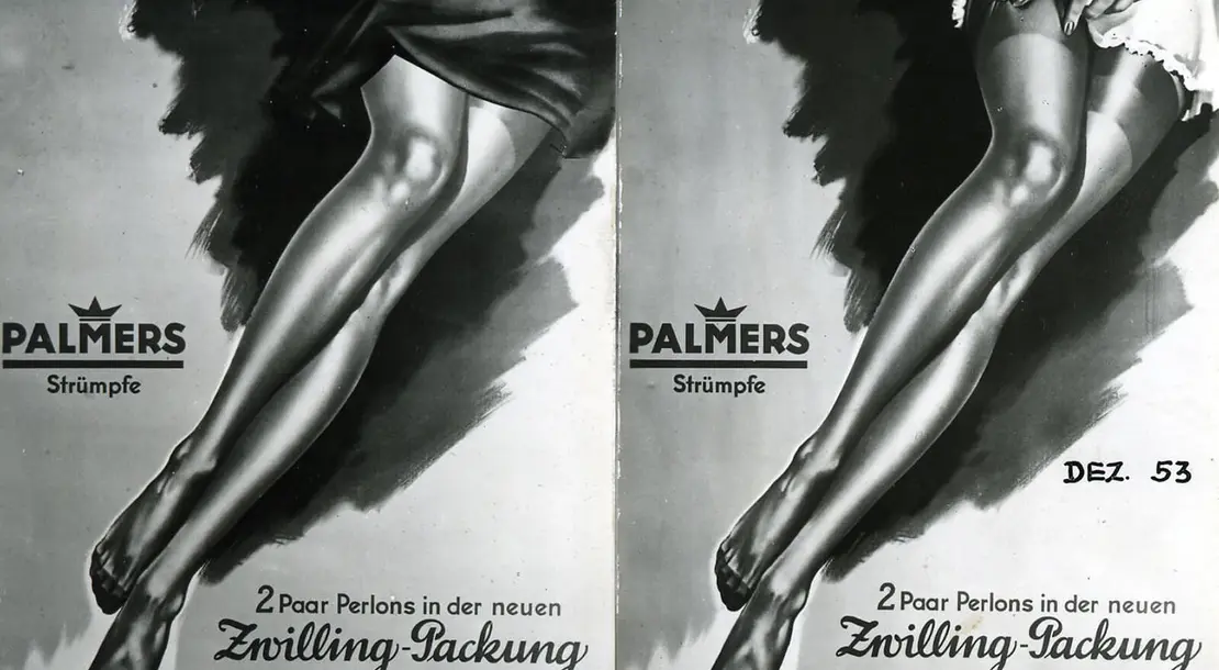 Zensurkonformes und zensuriertes Plakat für Palmers-Strümpfe, 1953, Palmers-Archiv