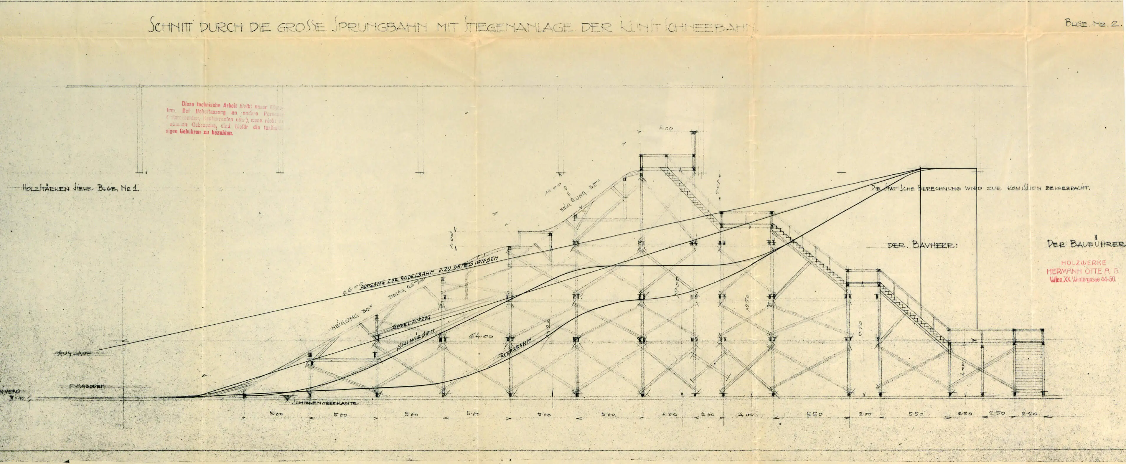 Schnitt durch die große Sprungschanze, rechts die Stiegenanlage zur Kunstschneebahn, Quelle: Wiener Stadt- und Landesarchiv  