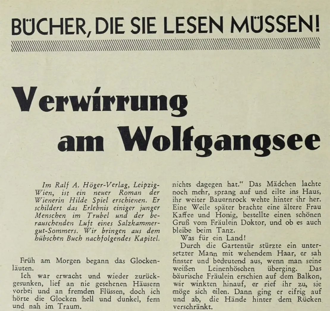 Auszug aus Spiels neuem Buch „Verwirrung am Wolfgangsee“, in: Die Bühne, Heft 407, 1935, Quelle: ANNO/ÖNB