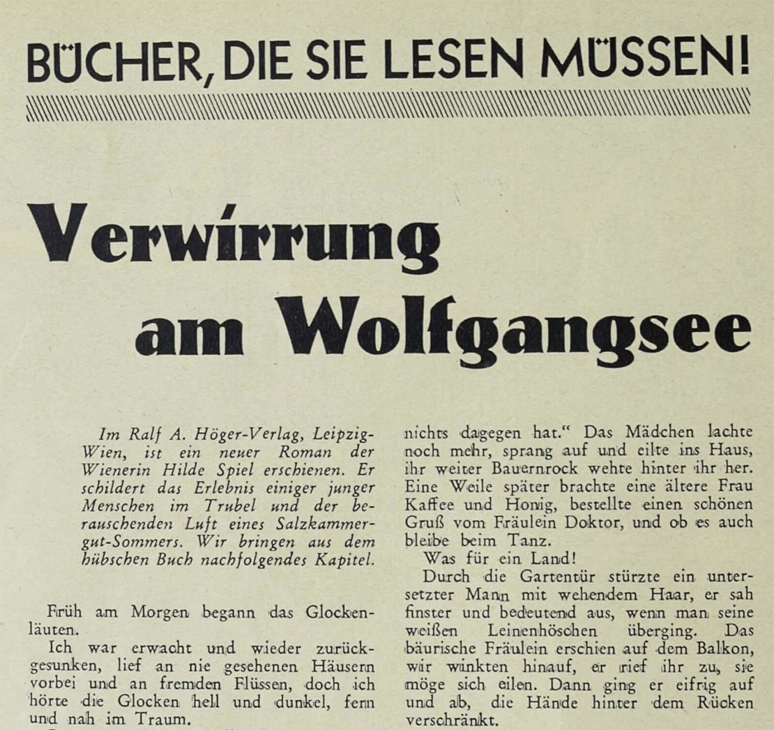 Auszug aus Spiels neuem Buch „Verwirrung am Wolfgangsee“, in: Die Bühne, Heft 407, 1935, Quelle: ANNO/ÖNB 