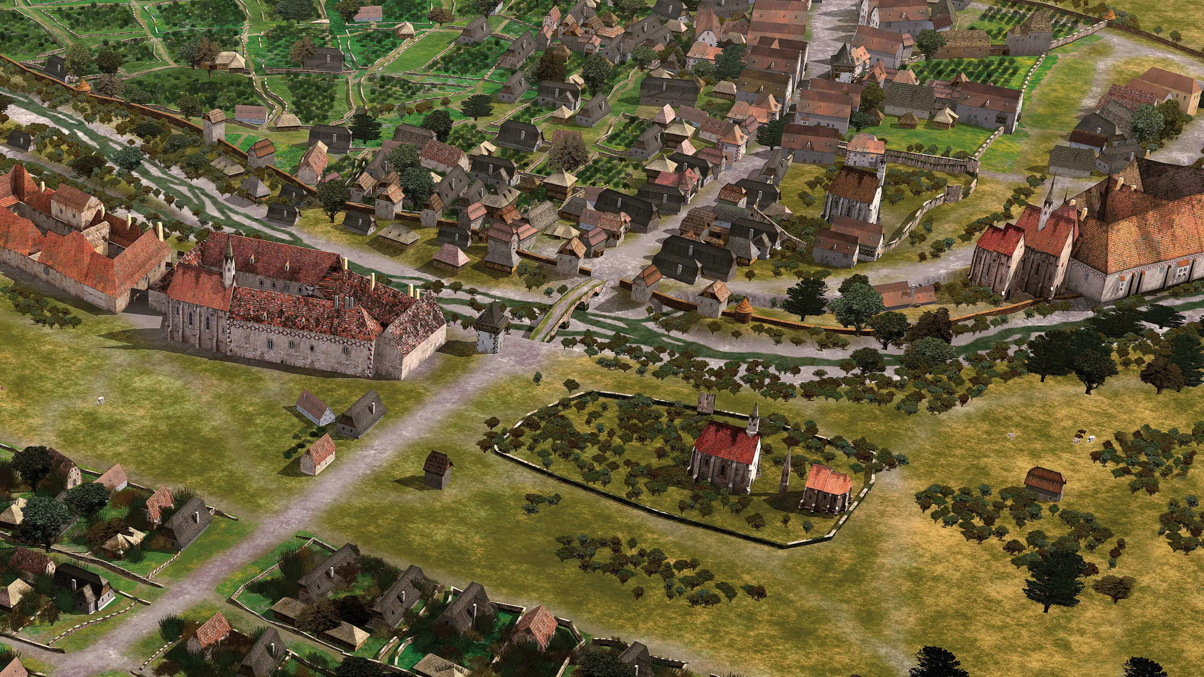 Bürgerspital (vor der Brücke links) und Heiligengeistspital (nach der Brücke rechts am Bildrand) auf einer Rekonstruktion des Karlsplatzes um 1520, die für die Ausstellung „Am Puls der Stadt. 2000 Jahre Karlsplatz“ im Wien Museum 2008 erstellt wurde, Visualisierung: 7reasons
