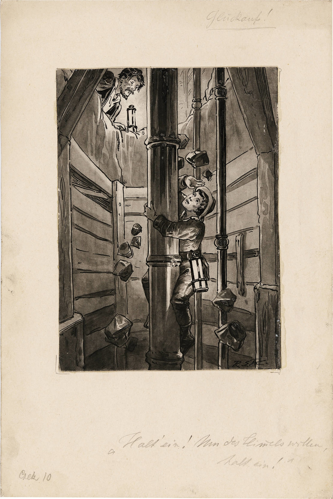 „Halt‘ ein! Um des Himmels Willen, halt‘ ein!“ (S. 72). Aus: Glück auf, Ihr Knappen all! Eine Erzählung aus dem Reiche der Kohle. Der Jugend gewidmet von Franz Czekansky. Aus der Reihe: Franz Czekansky: Jugendschriften, Bd. 10, Wien, 1898. Verlag A. Pichlers Witwe & Sohn. Gouache-Zeichnung von Richard Ernst Kepler, um 1898. 