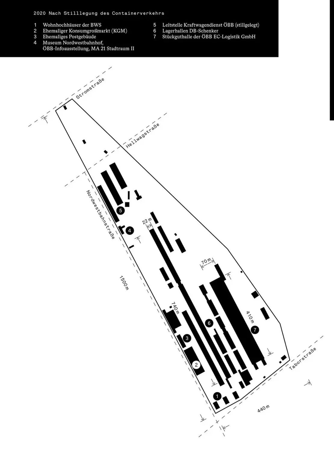 Schwarzpläne der Bauten am Nordwestbahnhof im Wandel der Zeit. Links nach Einstellung des Personenverkehrs 1924, rechts nach Stilllegung des Containerverkehrs 2020. Zeichnung: Michael Hieslmair und Michel Zinganel   