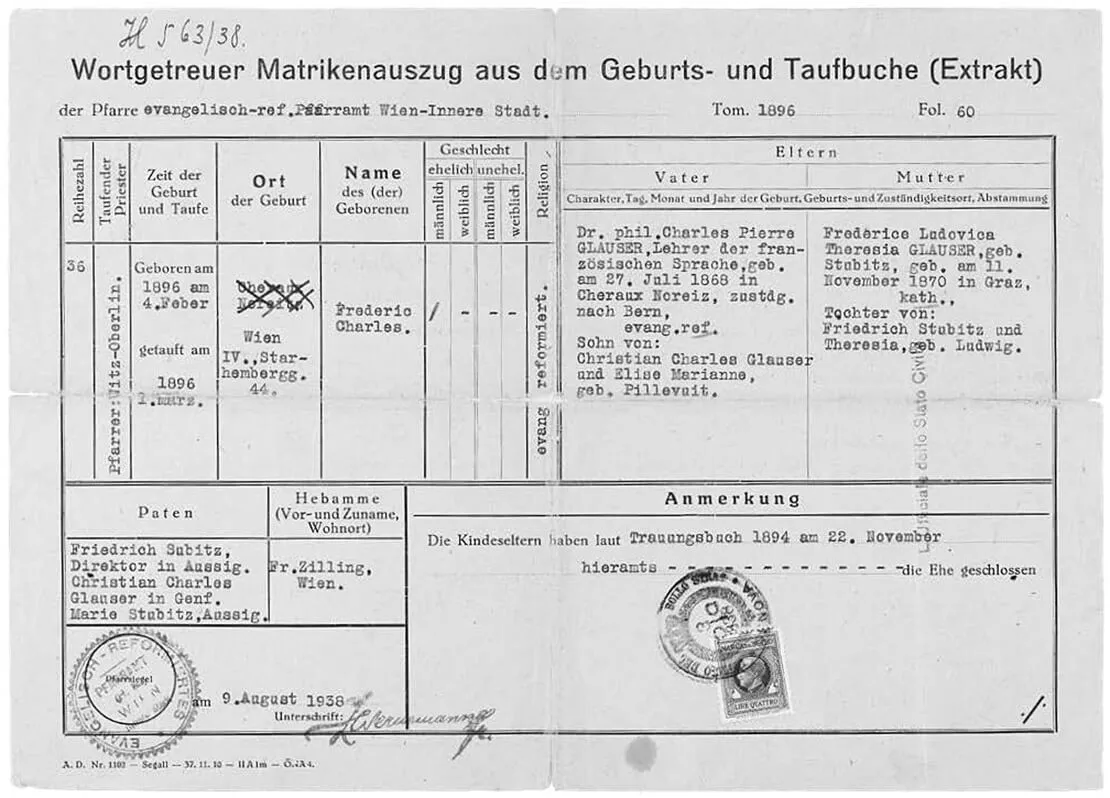 Extrakt aus dem Geburts- und Taufbuch Friedrich Glausers, 1938. Das Dokument benötigte der Schriftsteller von den österreichischen Behörden, um in der Schweiz seine Lebensgefährtin Berthe Bendel heiraten zu können. Dazu kam es nicht: Er brach am Vorabend der Hochzeit bewusstlos zusammen und starb am 8. Dezember 1938. Schweizerisches Literaturarchiv (Glauser-C-1-a-3/6)