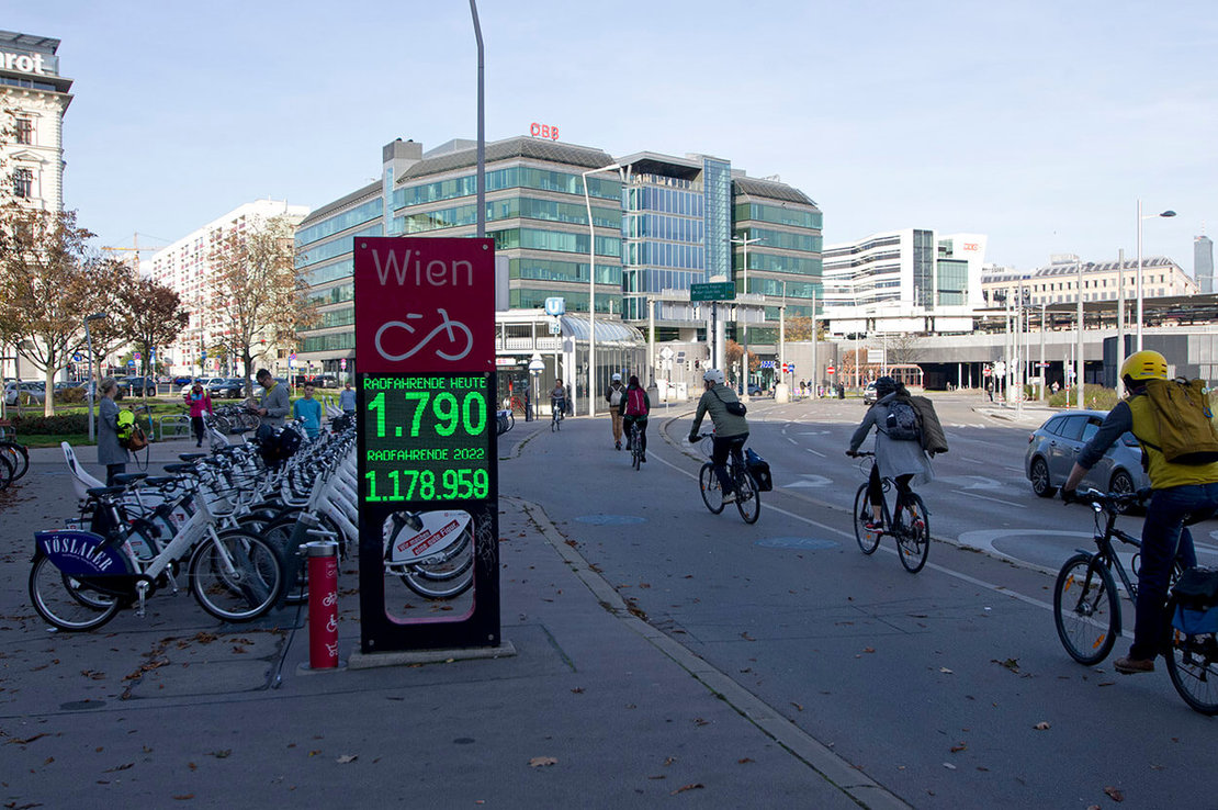Wie viele steigen um? Fahrrad-Zählung am Praterstern, 2022. Foto: Thomas Keplinger 
