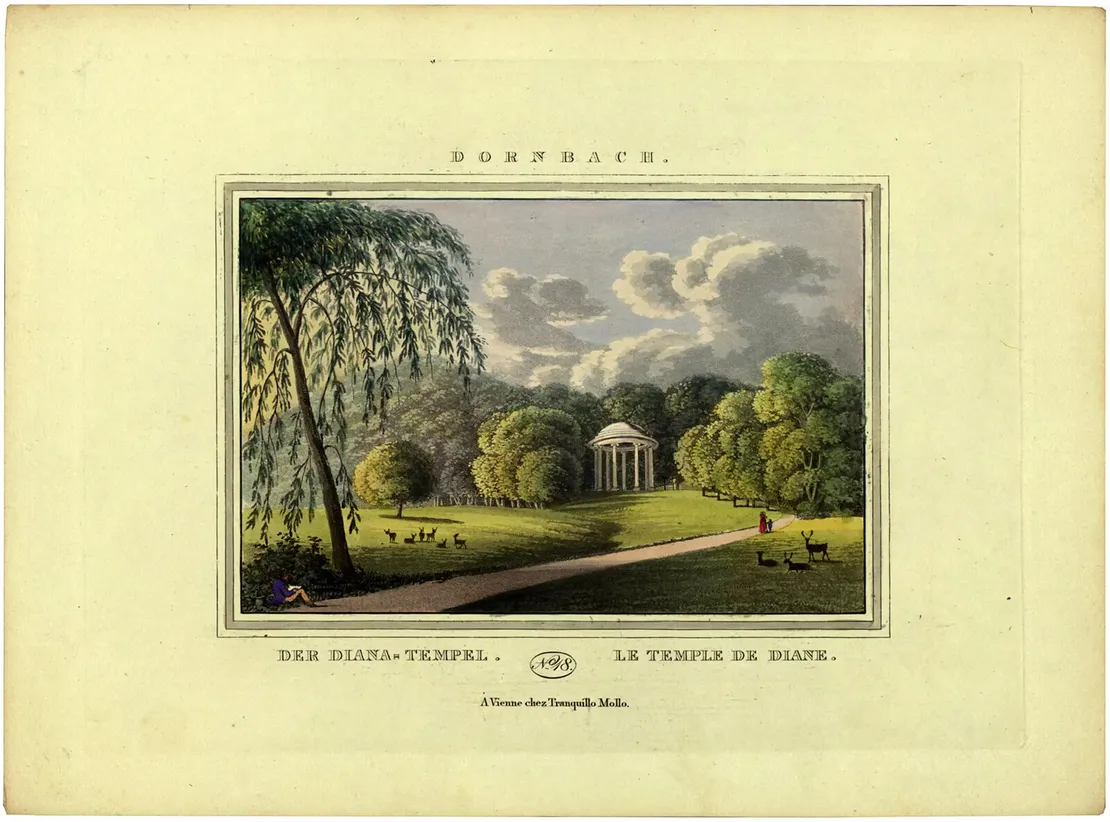 Der Schwarzenbergpark mit dem Dianatempel auf einer kolorierten Radierung von Joseph Ignaz Gurk aus dem Jahr 1825, Wien Museum   