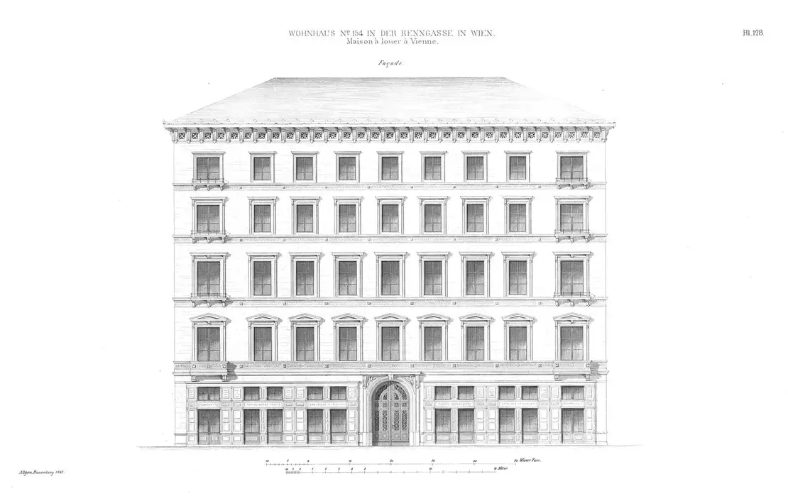 Wohnhaus Pereira, Renngasse 6, in: Allgemeine Bauzeitung 1847, Tafel 128, ANNO/ÖNB