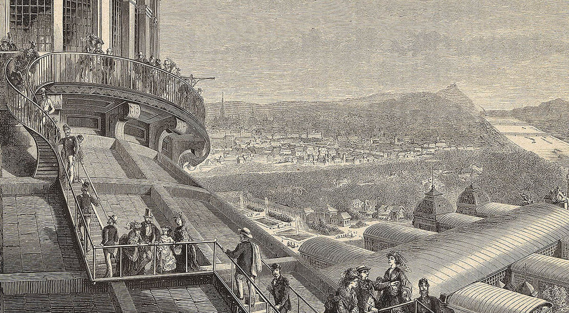 „Wiener Weltausstellung. Auf dem Dach der Rotunde“, Illustration aus „Über Land und Meer“, S. 88, Wien Museum 