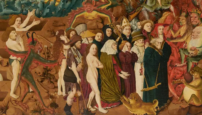 Ausschnitt aus: Jüngstes Gericht mit Darstellung der Stadt Wien, 1490–1500, Tempera-Mischtechnik auf Holz, Leihgabe Kinsky'sches Forstamt Burg Heidenreichstein, Foto: TimTom, Wien Museum