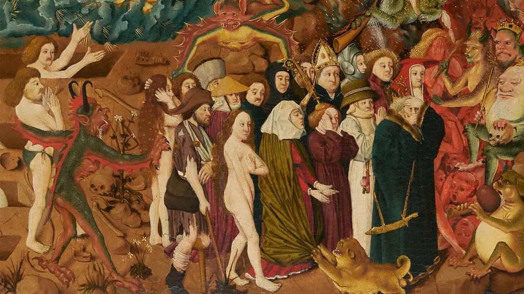 Ausschnitt aus: Jüngstes Gericht mit Darstellung der Stadt Wien, 1490–1500, Tempera-Mischtechnik auf Holz, Leihgabe Kinsky'sches Forstamt Burg Heidenreichstein, Foto: TimTom, Wien Museum