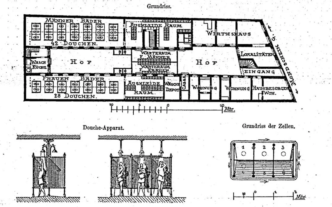 Grundriss des Tröpferlbades in der Mondscheingasse, Quelle: Wochenschrift des österr. Ingenieur- und Architektenvereins, 1887, S. 321, Anno/ÖNB  
