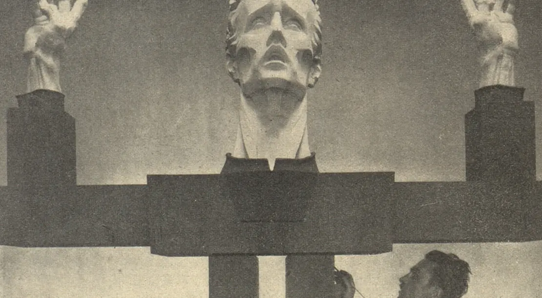 Josef Dobner bei der Arbeit am ‚Friedensdenkmal‘ in seinem Wiener Atelier (Aufnahme von 1928), Abbildung aus: Deutsche Heimat. Sudetendeutsche Monatshefte für Literatur, Kunst, Heimat= und Volkskunde, 5. Jg. Folge 1 v. 15. Jänner 1929  