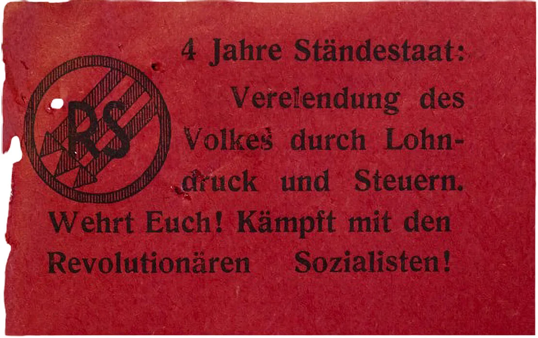 Streuzettel der Revolutionären Sozialisten. Quelle: WStlA, M.Abt. 230, A2 – Q – Abschrankung, notstandspolizeiliche Maßnahmen, Kt. 1, Zl. 648/1938  