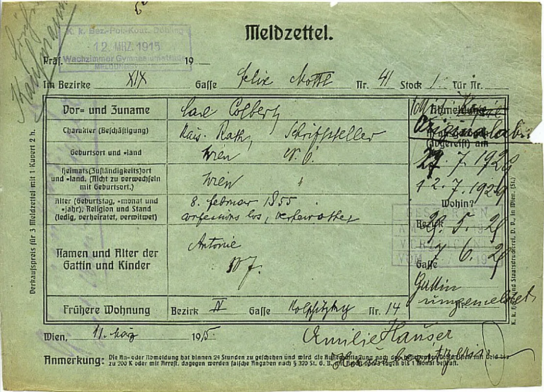 Meldezettel von Colberts letztem Wohnsitz in der Felix Mottl-Straße im 19. Bezirk, Quelle: Wiener Stadt- und Landesarchiv   
