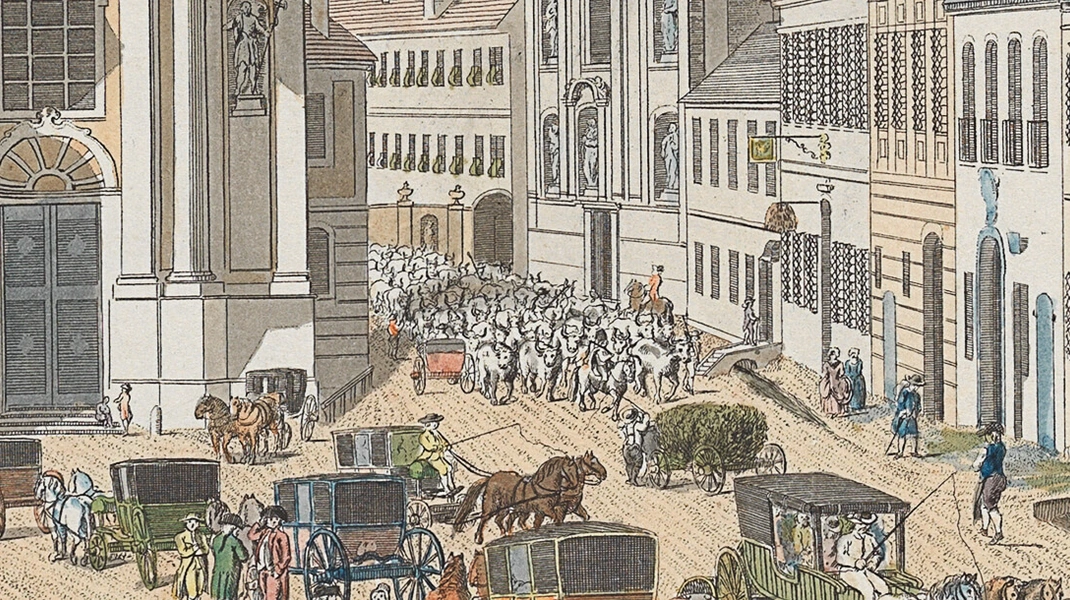 Trieb einer Herde ungarischer Rinder zwischen Nikolai- und Rochuskriche durch die Landstraßer Hauptstraße, Ausschnitt aus: Johann Andreas Ziegler: Pfarrkirche und Friedhof auf der Landstraße, 1783, Wien Museum, Inv. Nr. 64293 
