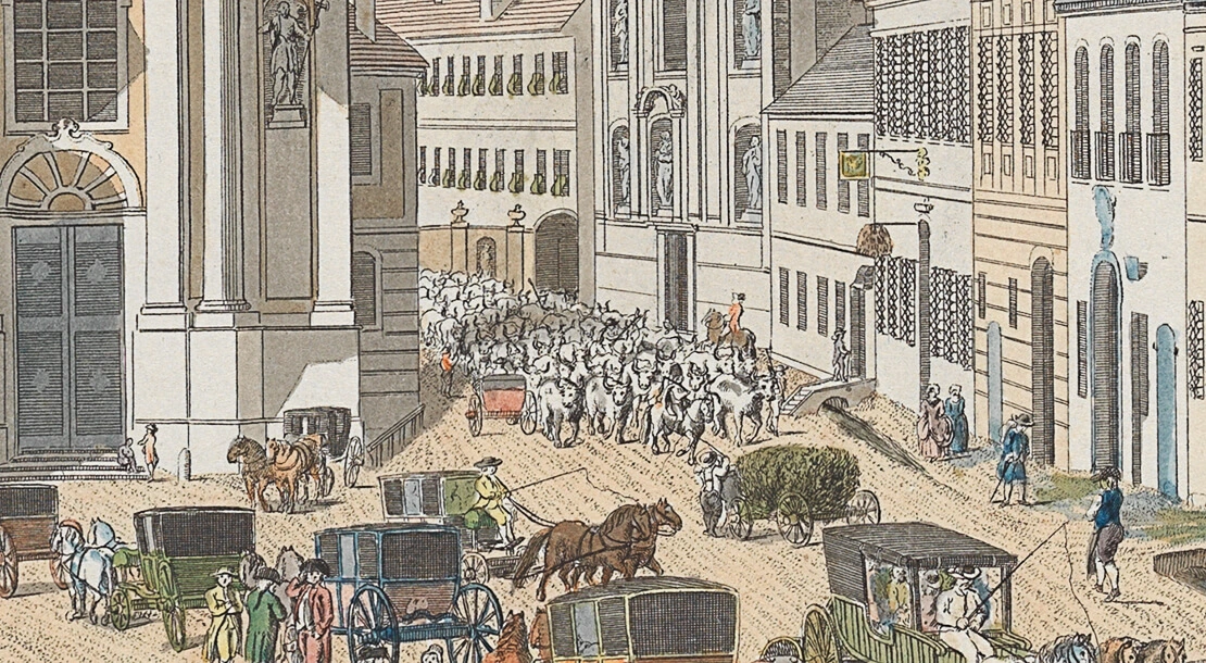 Trieb einer Herde ungarischer Rinder zwischen Nikolai- und Rochuskriche durch die Landstraßer Hauptstraße, Ausschnitt aus: Johann Andreas Ziegler: Pfarrkirche und Friedhof auf der Landstraße, 1783, Wien Museum, Inv. Nr. 64293