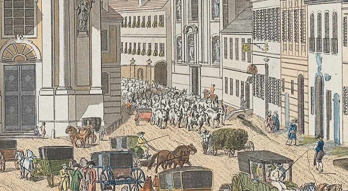 Trieb einer Herde ungarischer Rinder zwischen Nikolai- und Rochuskriche durch die Landstraßer Hauptstraße, Ausschnitt aus: Johann Andreas Ziegler: Pfarrkirche und Friedhof auf der Landstraße, 1783, Wien Museum, Inv. Nr. 64293
