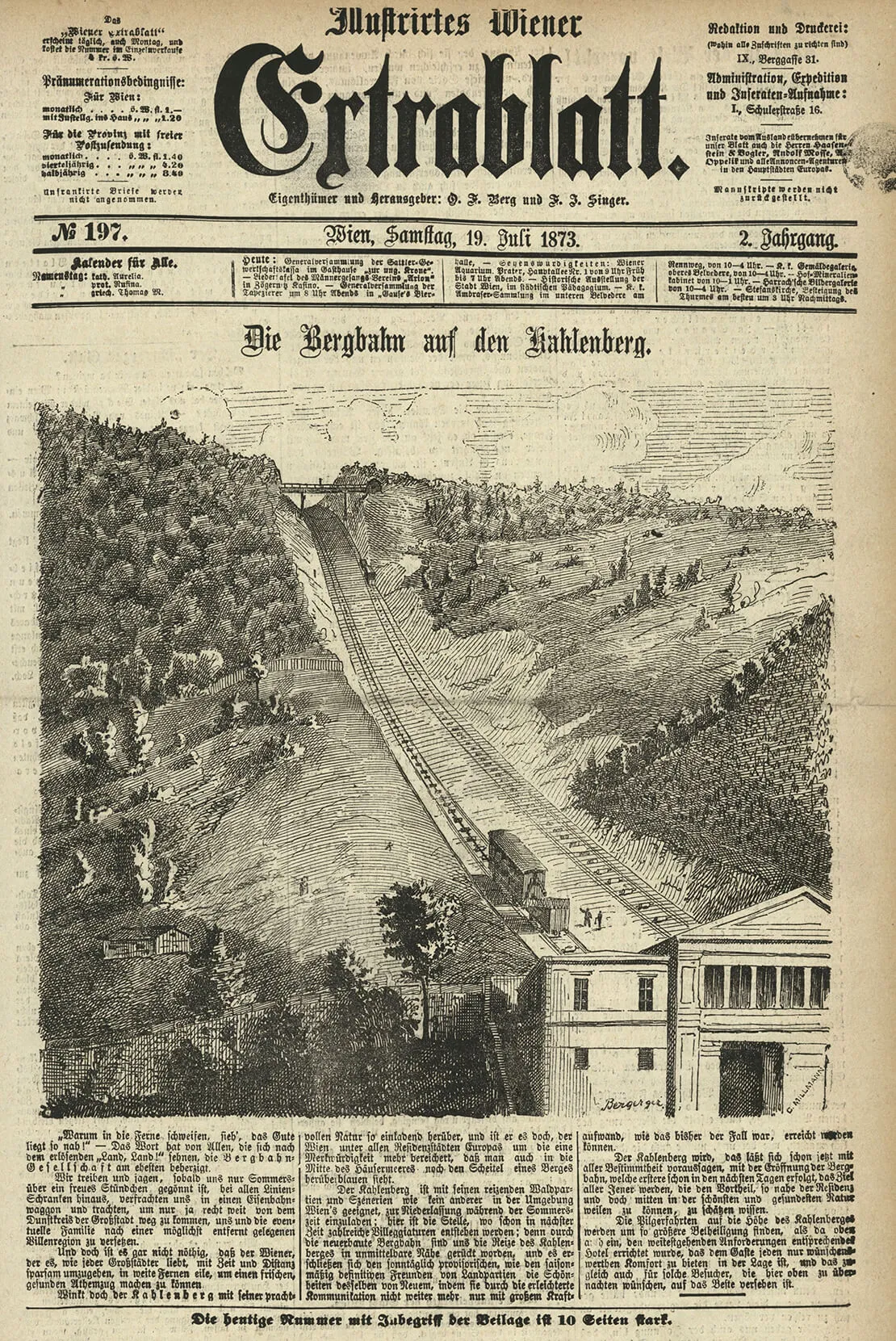 Illustrirtes Wiener Extrablatt, 19. Juli 1873, Titelseite, „Die Bergbahn auf den Kahlenberg“, Trasse mit Bründlwegbrücke und Talstation der Drahtseilbahn auf den Kahlenberg, Quelle: Anno/ÖNB