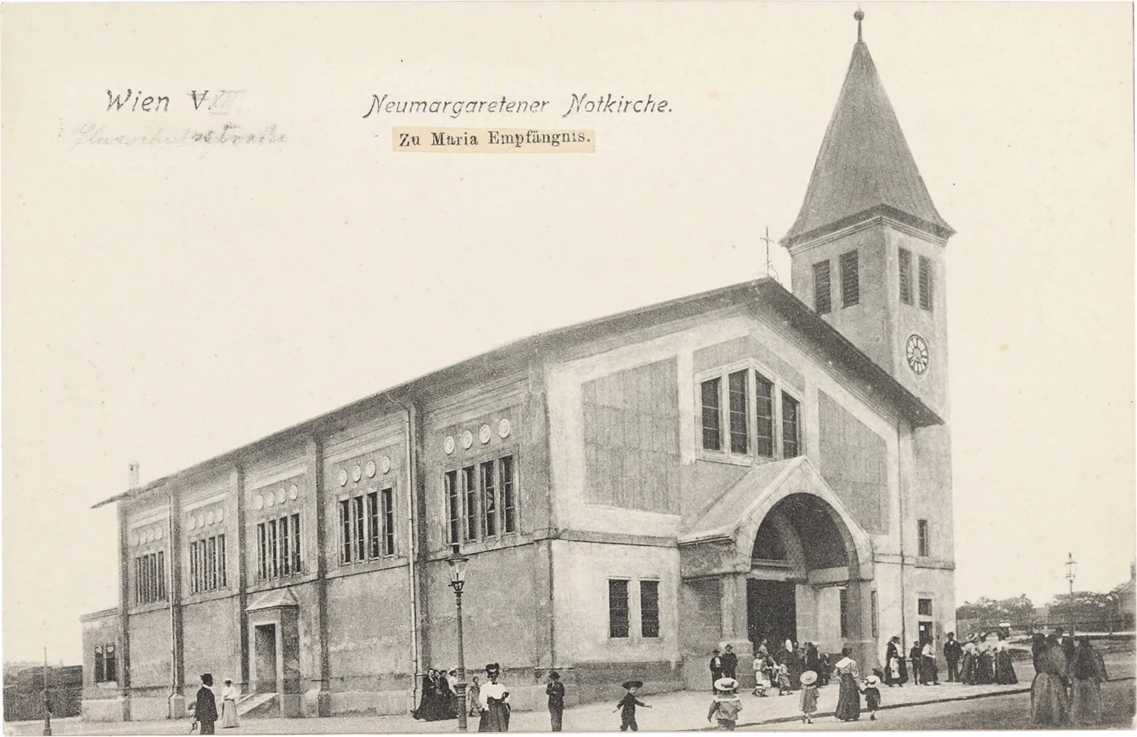 Neumargaretener Notkirche „Zu Maria Empfängnis“, Ansichtskarte, 1905–1909, Wien Museum, Inv.-Nr. 234507  