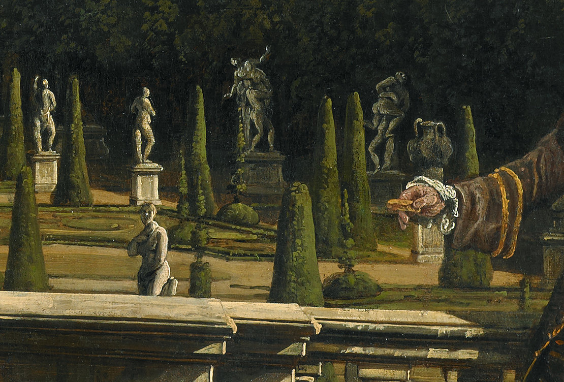 Detail von Bellottos Ansicht des Gartenpalais mit den Raptusgruppen „Herkules und Antaeus“ sowie den „Raub der Sabinerinnen“, LIECHTENSTEIN. The Princely Collections, Vaduz–Vienna 