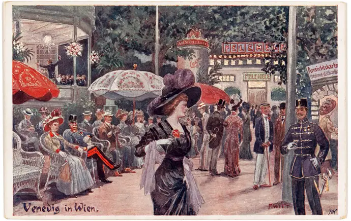 „Venedig in Wien“ bei abendlicher Beleuchtung, Illustrierte Ansichtskarte nach einem Entwurf von Franz Witt, um 1903, Sammlung Wien Museum