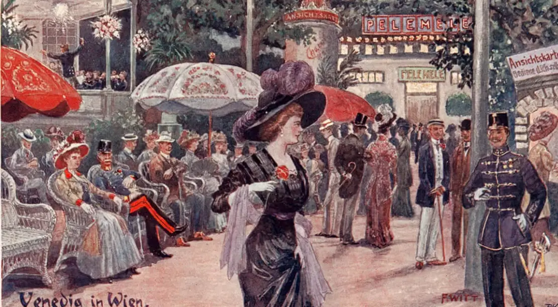 „Venedig in Wien“ bei abendlicher Beleuchtung, Illustrierte Ansichtskarte nach einem Entwurf von Franz Witt, um 1903, Sammlung Wien Museum