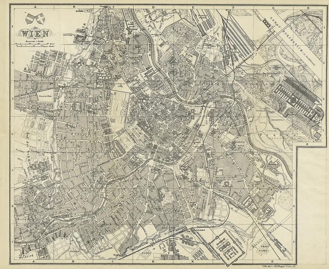 Wien-Plan aus dem Baedeker von 1873, rechts oben das Weltausstellungsgelände im Prater, Universitätsbibliothek Heidelberg