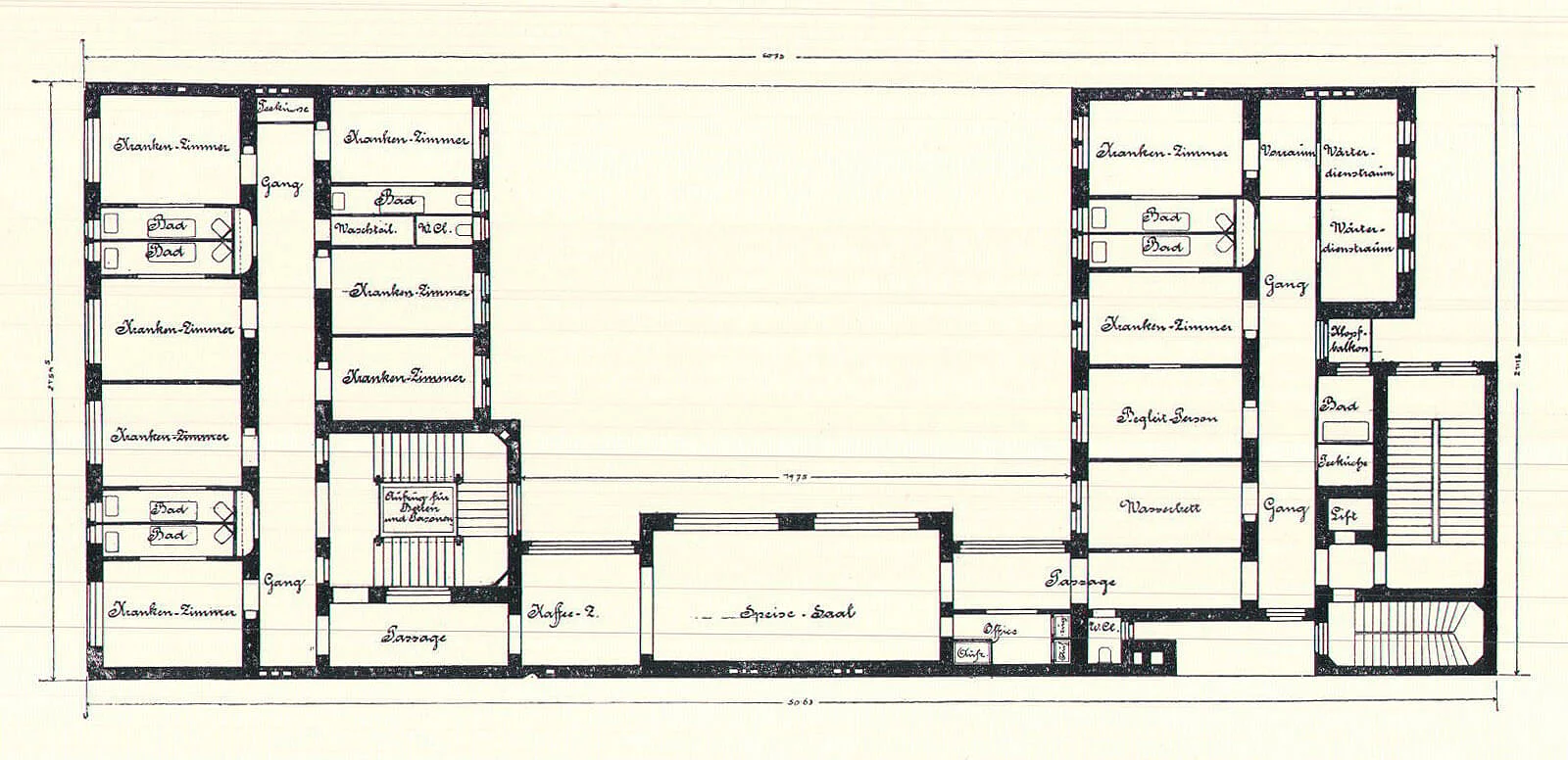 Grundriss des 1. Stocks, auf dem die Anordnung der Zimmer und Bäder gut zu erkennen ist. Abbildung aus: Der Architekt, XIV, 1908, Bildteil. ANNO/ÖNB  