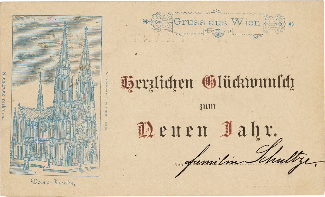 Neujahrskarte mit Stadtansicht, Verlag Friedl & Baum (gelaufen von Wien nach New York, 1883), Sammlung Lukan, Wien 