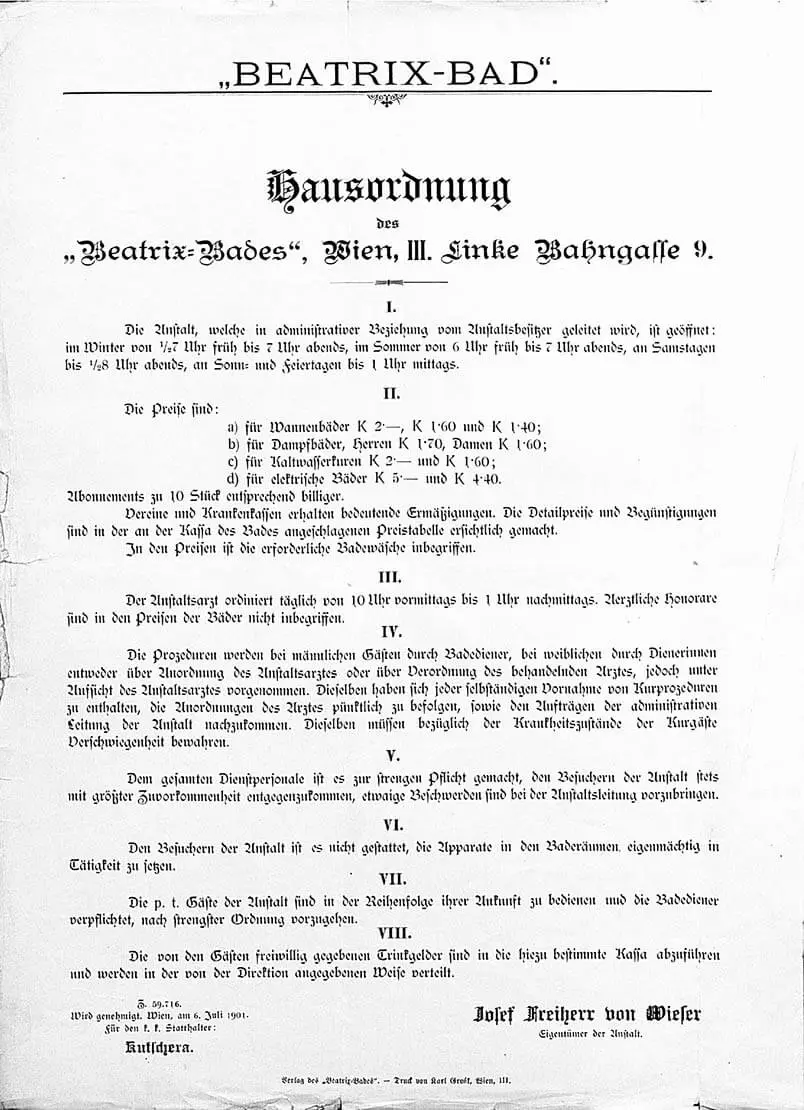Hausordnung des Bades, Quelle: Wiener Stadt- und Landesarchiv