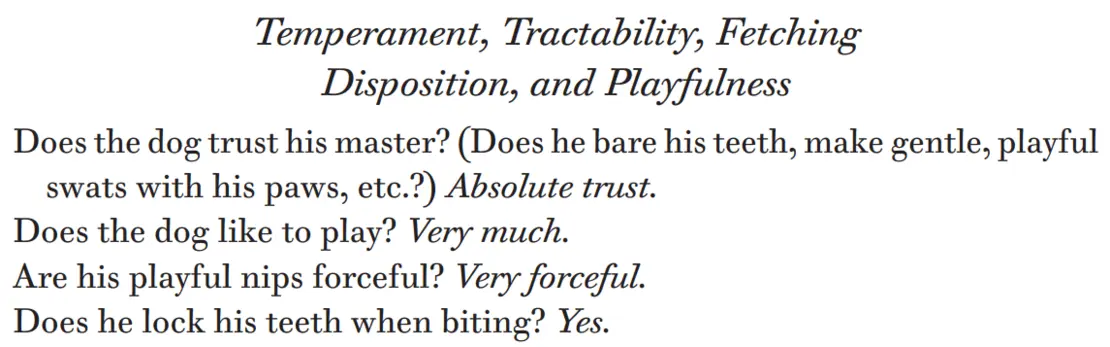 Ausschnitt aus einem Temperament-Test des sieben Monate alten Hundes Thanatos, den Rudolphina Menzel 1932 durchgeführt hat. (Kahn, 2022, S. 21)  