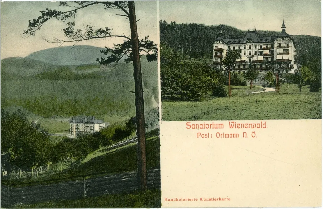 Das Sanatorium Wienerwald auf einer handkolorierten Ansichtskarte von 1908, Brück & Sohn Kunstverlag Meißen, Wikimedia Commons