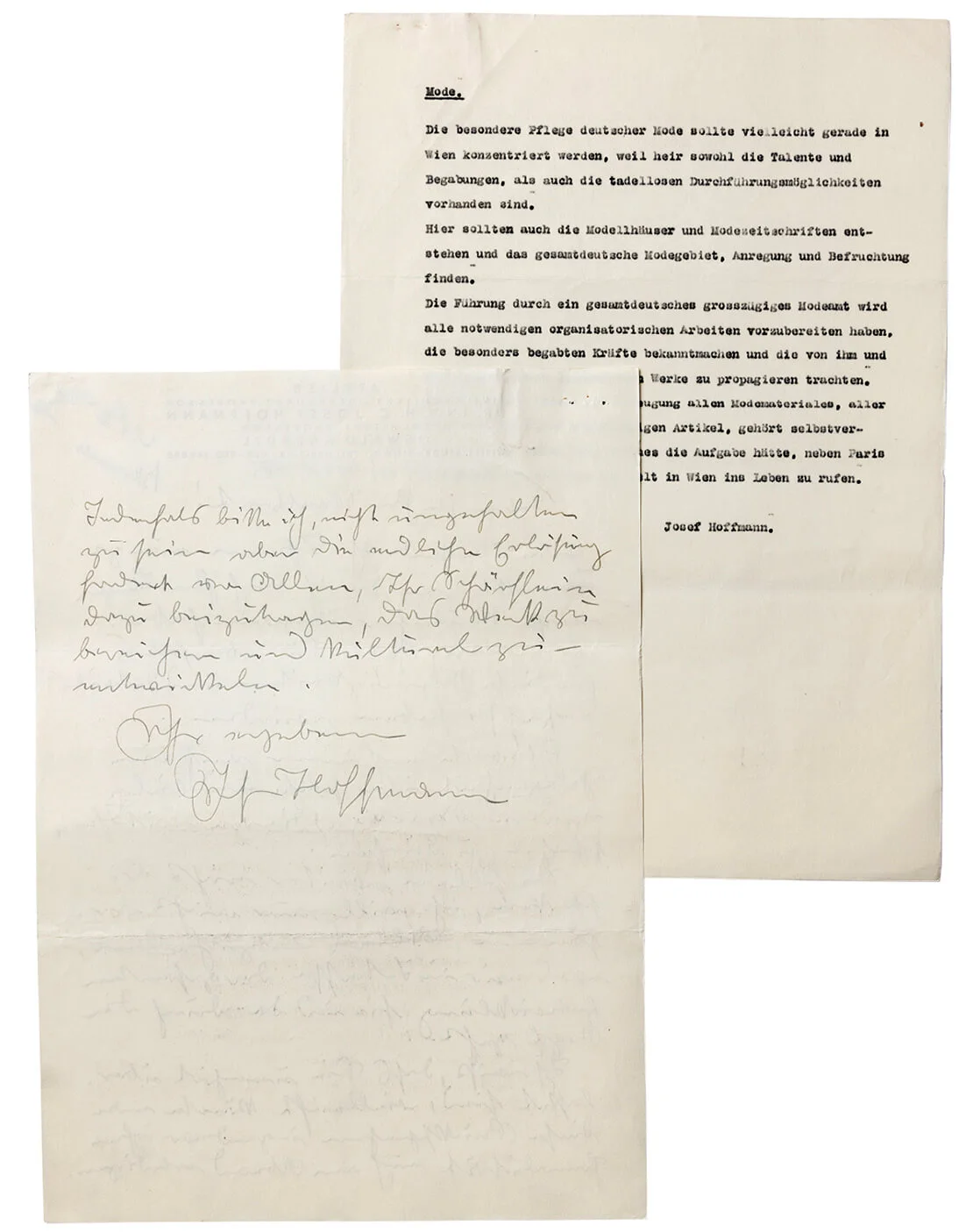 Schreiben von Josef Hoffmann, mit Beilagen u. a. zum Thema „Mode“, um 1938–1940, Österreichisches Staatsarchiv  