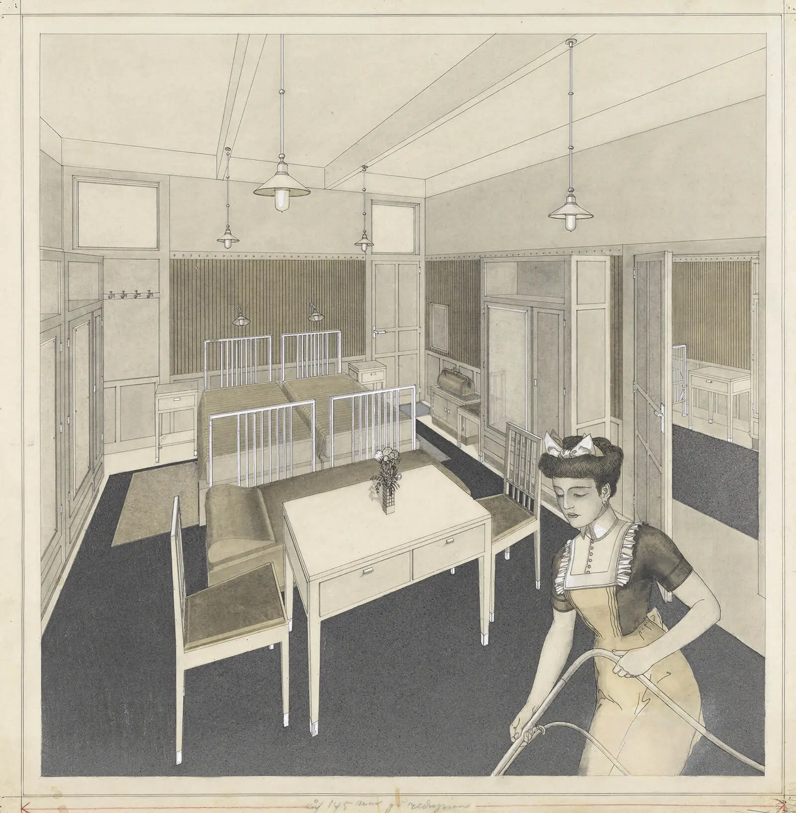 Zimmermädchen beim Staubsaugen, Architekturzeichnung (Hotel Wien am Karlsplatz) von Otto Wagner, 1913, Wien Museum, Inv.-Nr. 139711