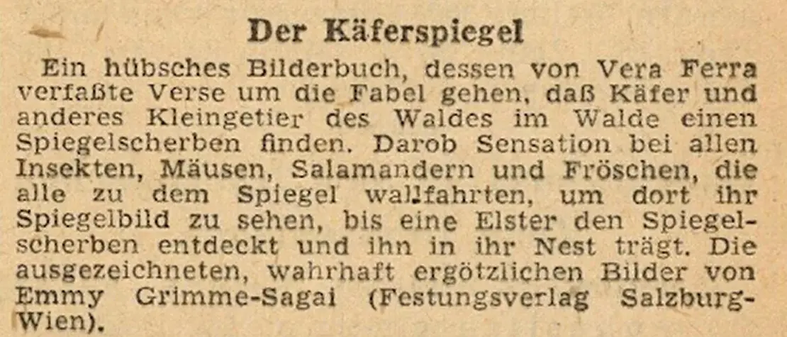 Kurzmeldung zu Vera Ferras Buch „Der Käferspiegel“ in der „Weltpresse“ vom 24. Oktober 1947, Quelle: ANNO/ÖNB
