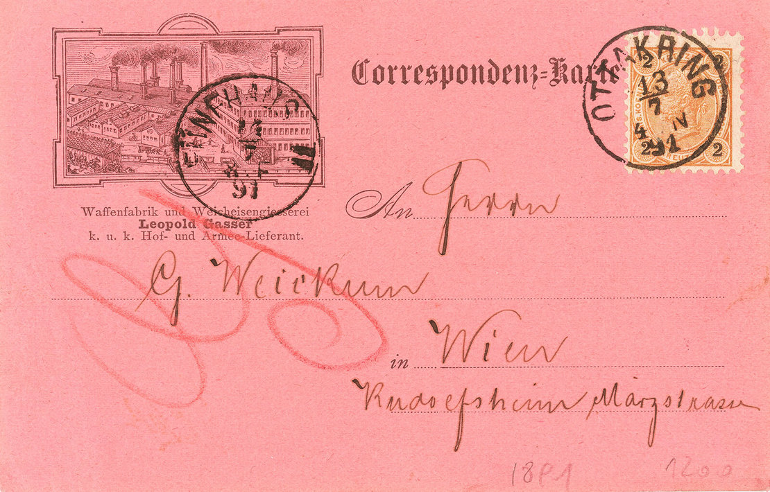 Correspondenzkarte mit Geschäftsansicht der Firma L. Gasser, gelaufen 1891, Eigenverlag, Sammlung Helfried Seemann, Wien 
