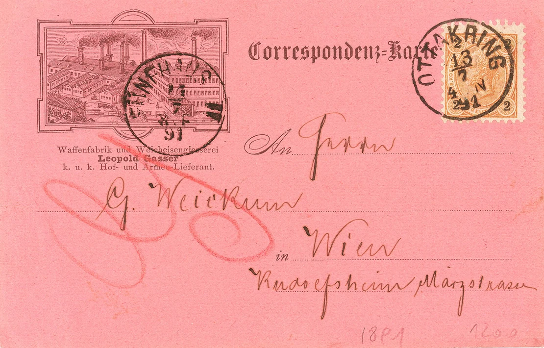 Correspondenzkarte mit Geschäftsansicht der Firma L. Gasser, gelaufen 1891, Eigenverlag, Sammlung Helfried Seemann, Wien  