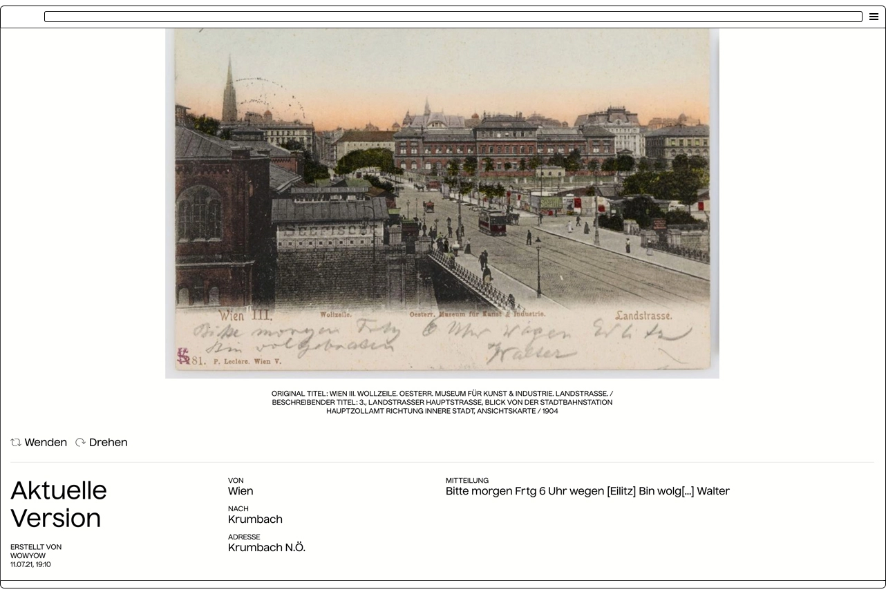 Transkribierte Ansichtskarte von 1904, mit Terminabsprache für den nächsten Tag, Wien Museum  