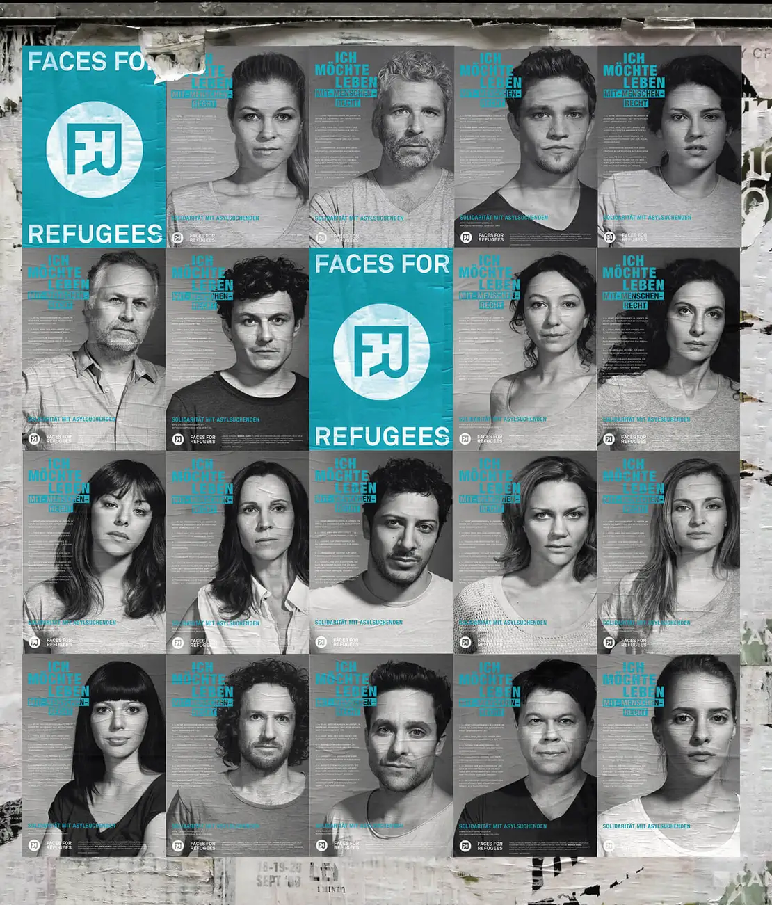 Posterwand der „Faces for Refugees“-Kampagne, 2013, Fotos: Jan Kopetzky, Grafik: Morphoria Collective    